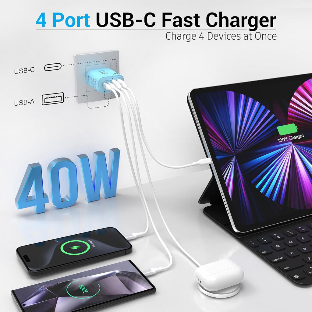 USB C Block 40W, 4 Ports Wall Plug Fast Charging Block, PD+QC Multiport Power Adapter USB C Charger Type C for iPhone 16,15,14,13,12,11, Pro Max, X, Xr, Xs, 8, 7, Watch, Galaxy Phones (Blue 1Pack)