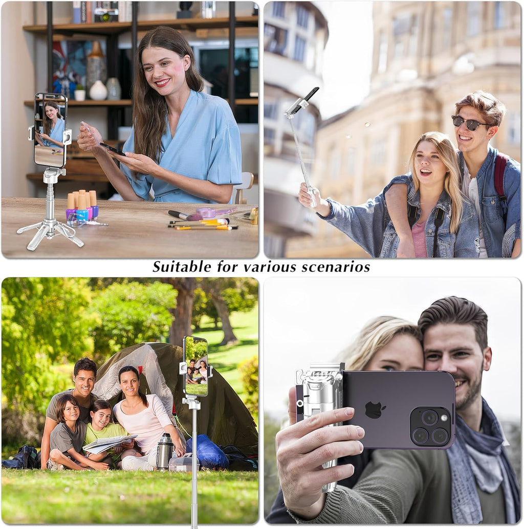 Mini Selfie Stick Tripod, Extendable Grip Phone Tripod with Detachable Remote Pocket Size, 4-in-1 Mini Phone Grip, 10m Wireless Shutter, Vlog Livestreaming Photography （White）