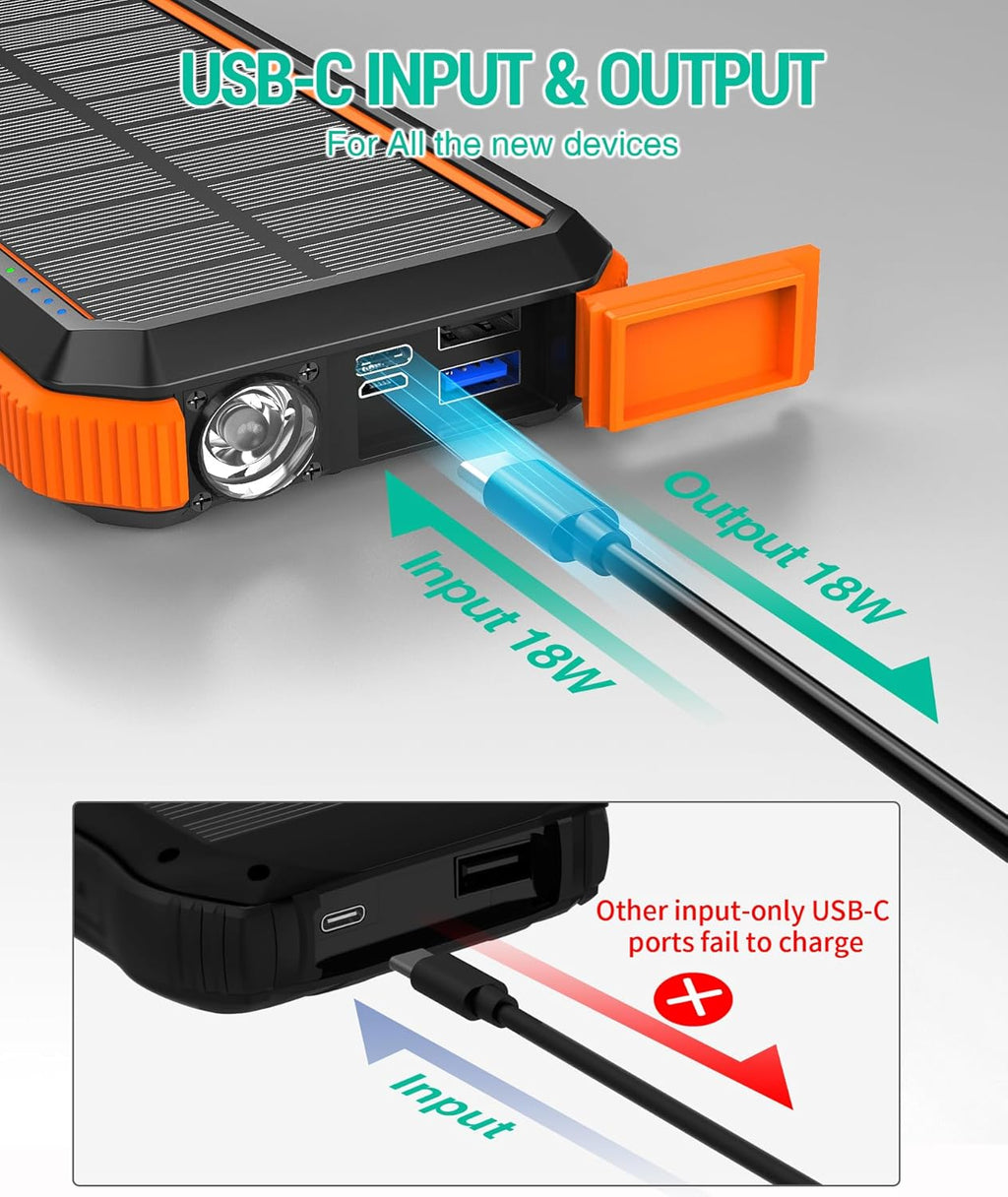 BLAVOR Solar Power Bank, PD18W QC3.0 Fast Charging 10W Wireless Charger 20000mAh Solar Powered Powerbank with Type C Input/Output, IPX5 Waterproof, Camping Flashlight, Compass, Carabiner