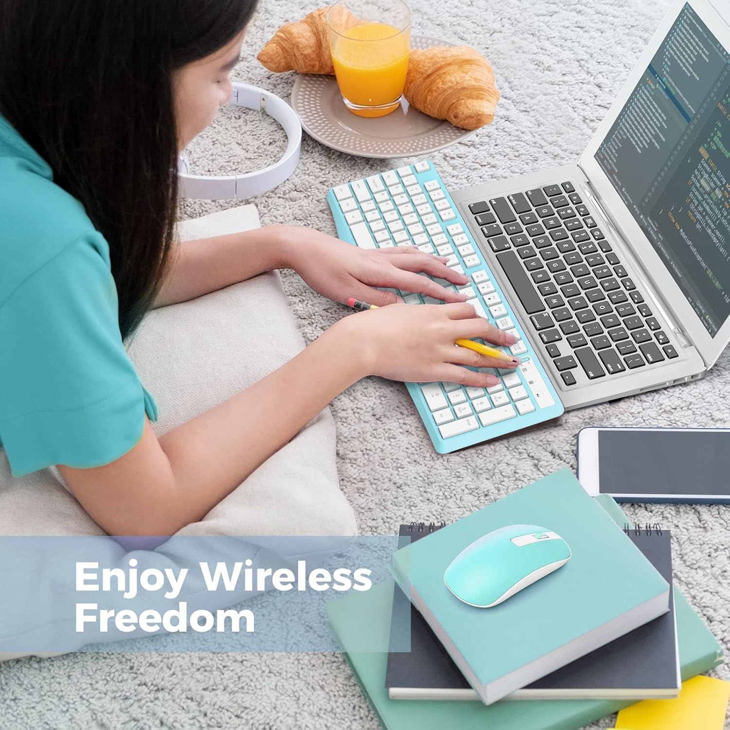 Wireless Keyboard and Mouse Combo, Lovaky 2.4G Full-Sized Ergonomic Keyboard Mouse, 3 DPI Adjustable Cordless USB Keyboard and Mouse, Quiet Click for Computer/Laptop/Windows/Mac (1 Pack, Blue)