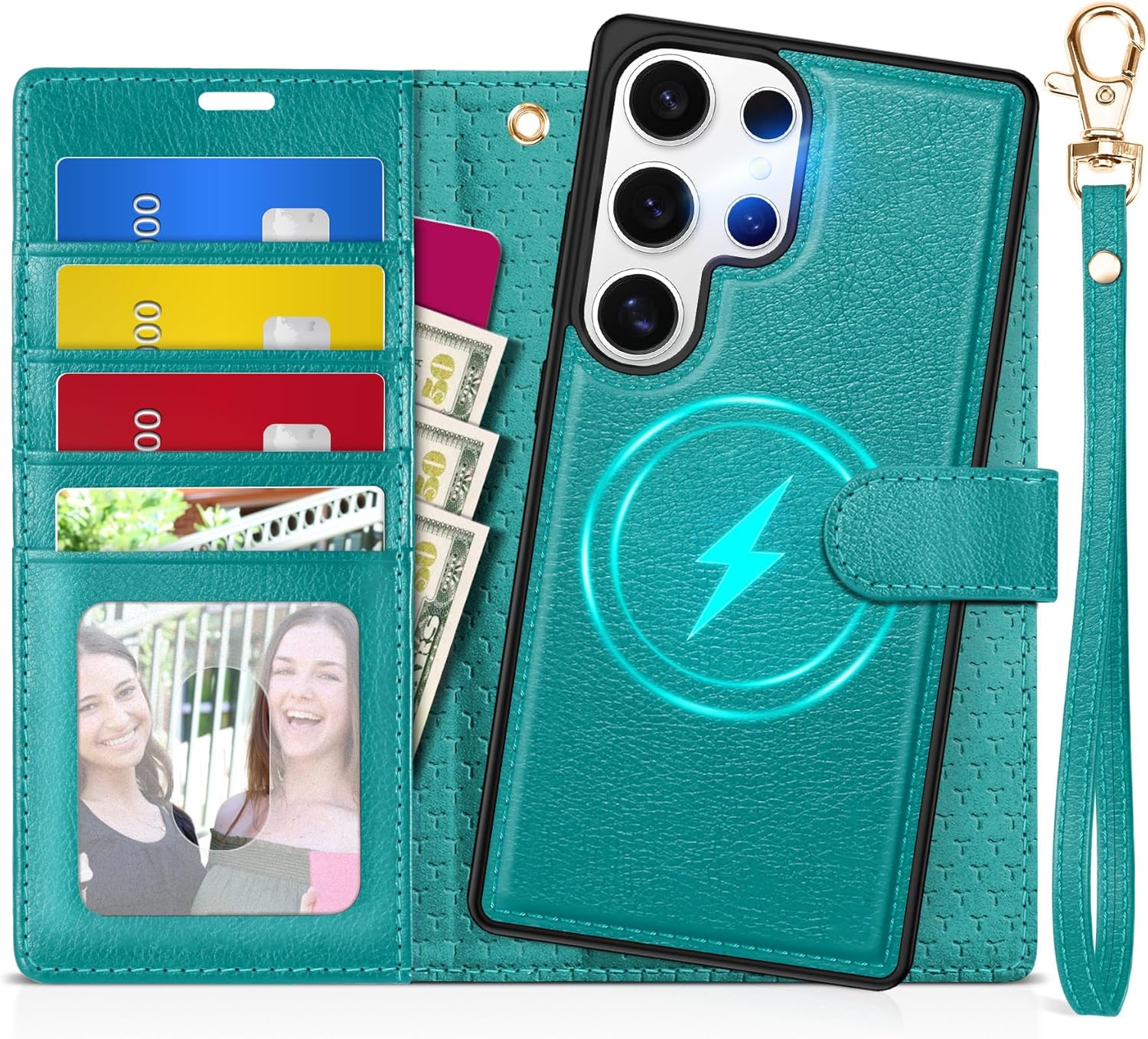 TUCCH Case Wallet for Galaxy S25 Ultra, Detachable [Wireless Charging] RFID Blocking 4 Card Holder, Wrist Strap Removable Stand PU Leather Flip Shockproof Phone Cover for Galaxy S25 Ultra 6.9", Cyan