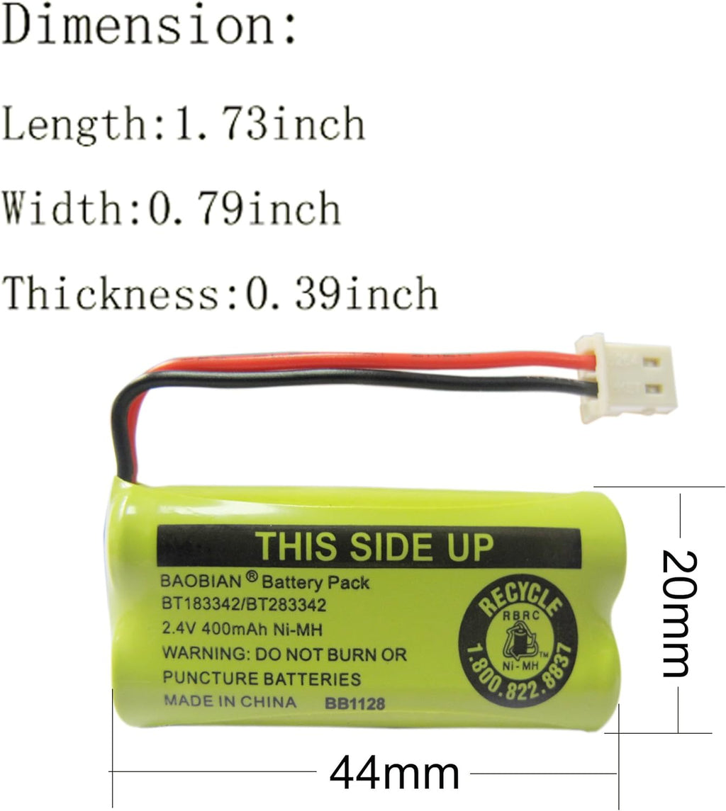 2.4V 400mAh Cordless Home Phone Battery for AT&T BT162342 BT-162342 BT166342 BT-166342 BT266342 BT-266342 BT183342 BT-183342 BT283342 BT-283342 VTech CS6329 CS6114 CS6419(Pack of 2)