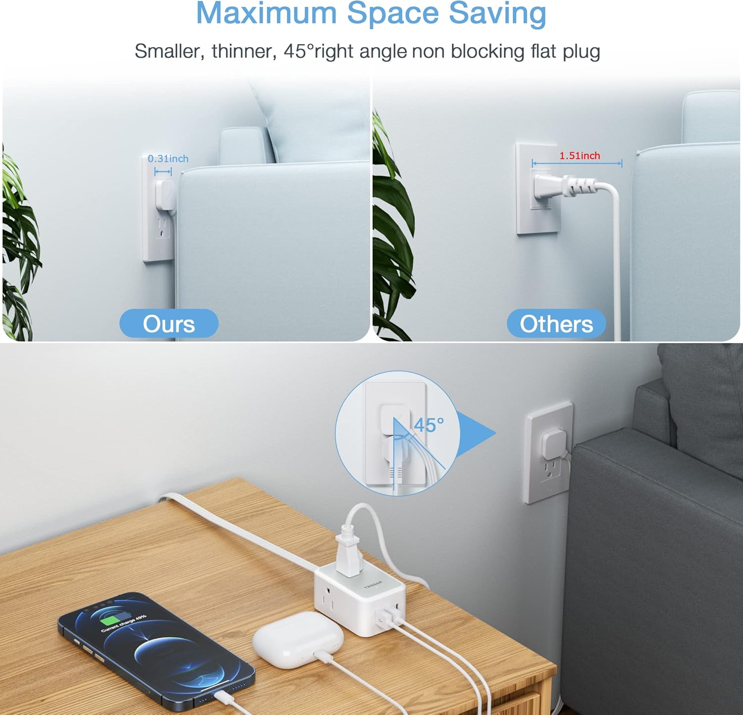 TESSAN Small Flat Plug Power Strip, Ultra Thin Extension Cord with 3 USB Wall Charger (1 USB C), 3 Outlets Mini Charging Station, 5 ft Slim Plug for Cruise Travel Office School Dorm Room Essentials