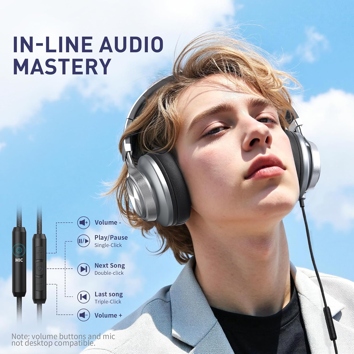 AILIHEN C90 Wired Headphones with Microphone Volume Control, Noise Reduction Over Ear Headphones Wired 3.5mm, Super Soft Corded Headphone for Cellphones, Tablet and Chromebook (Grey)