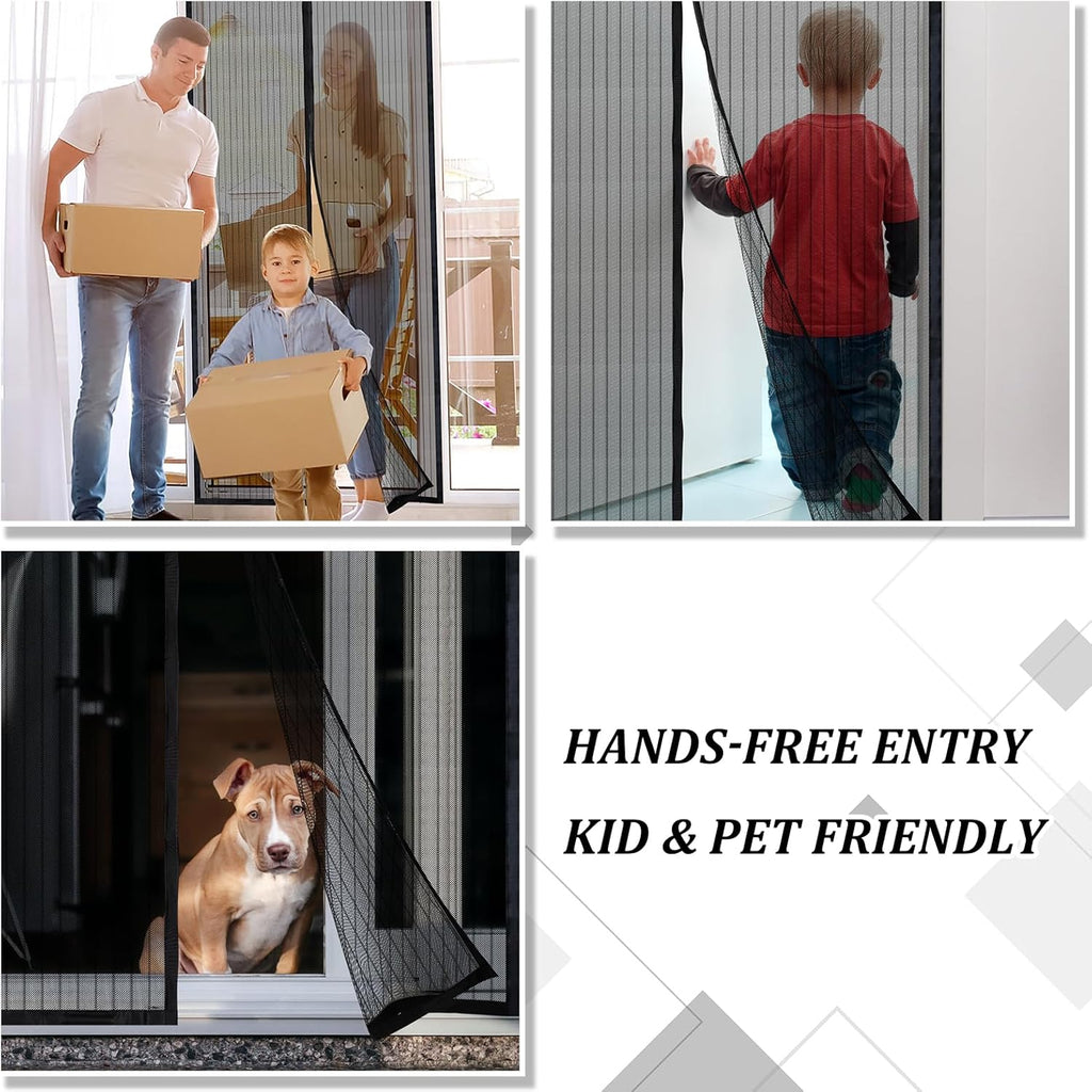 Magnetic Screen Door - Self Sealing, Heavy Duty, Hands Free Mesh Partition Keeps Bugs Out Let Breeze in- Pet and Kid Friendly - Keep Open Feature (Black, Fit Door Size 38 x 82 Inch)
