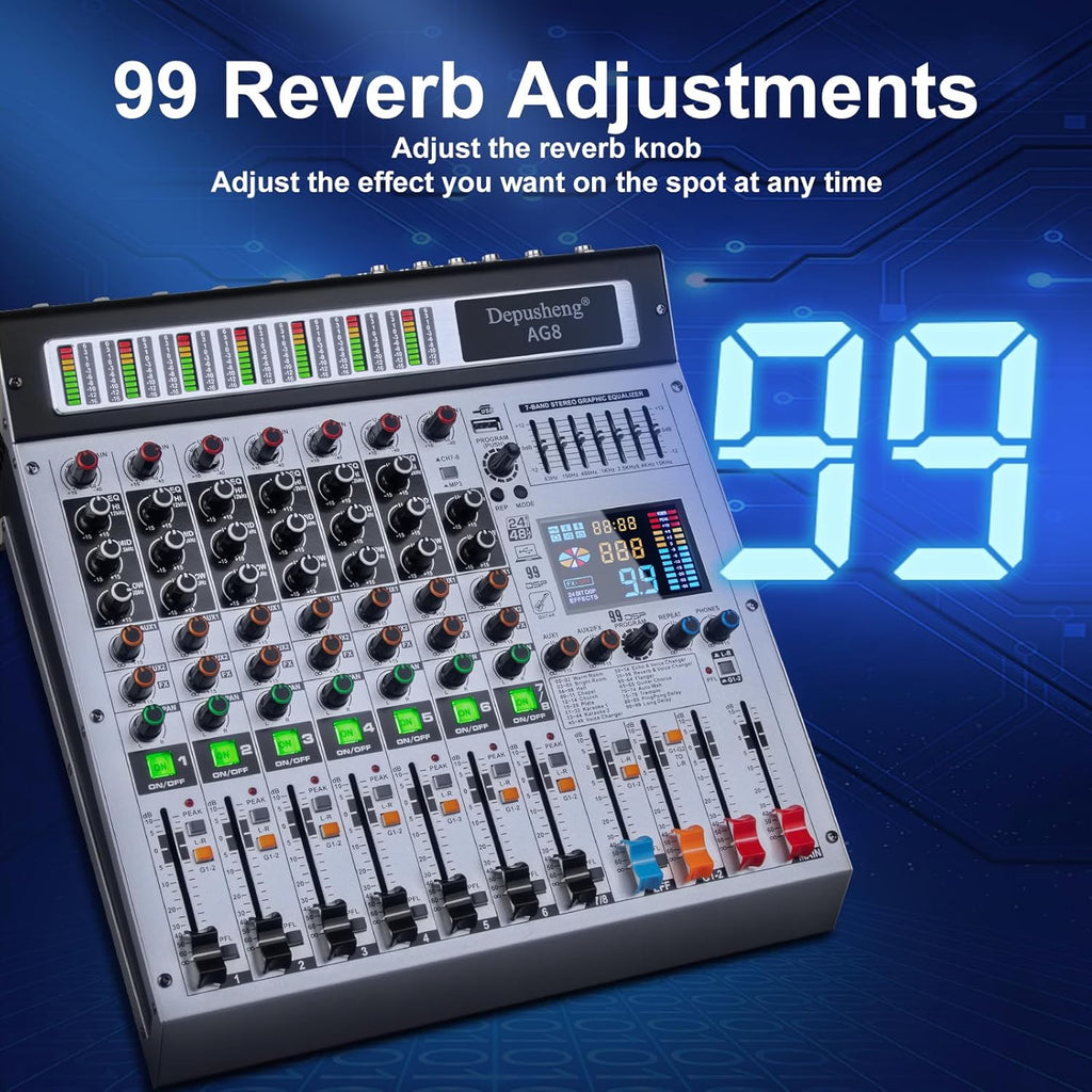 Depusheng AG8 Professional audio mixer 8 Channel with MP3 Player Source USB recording,With grouping and 2 AUX interfaces, 99DSP EFFECTfor Professional and Beginners