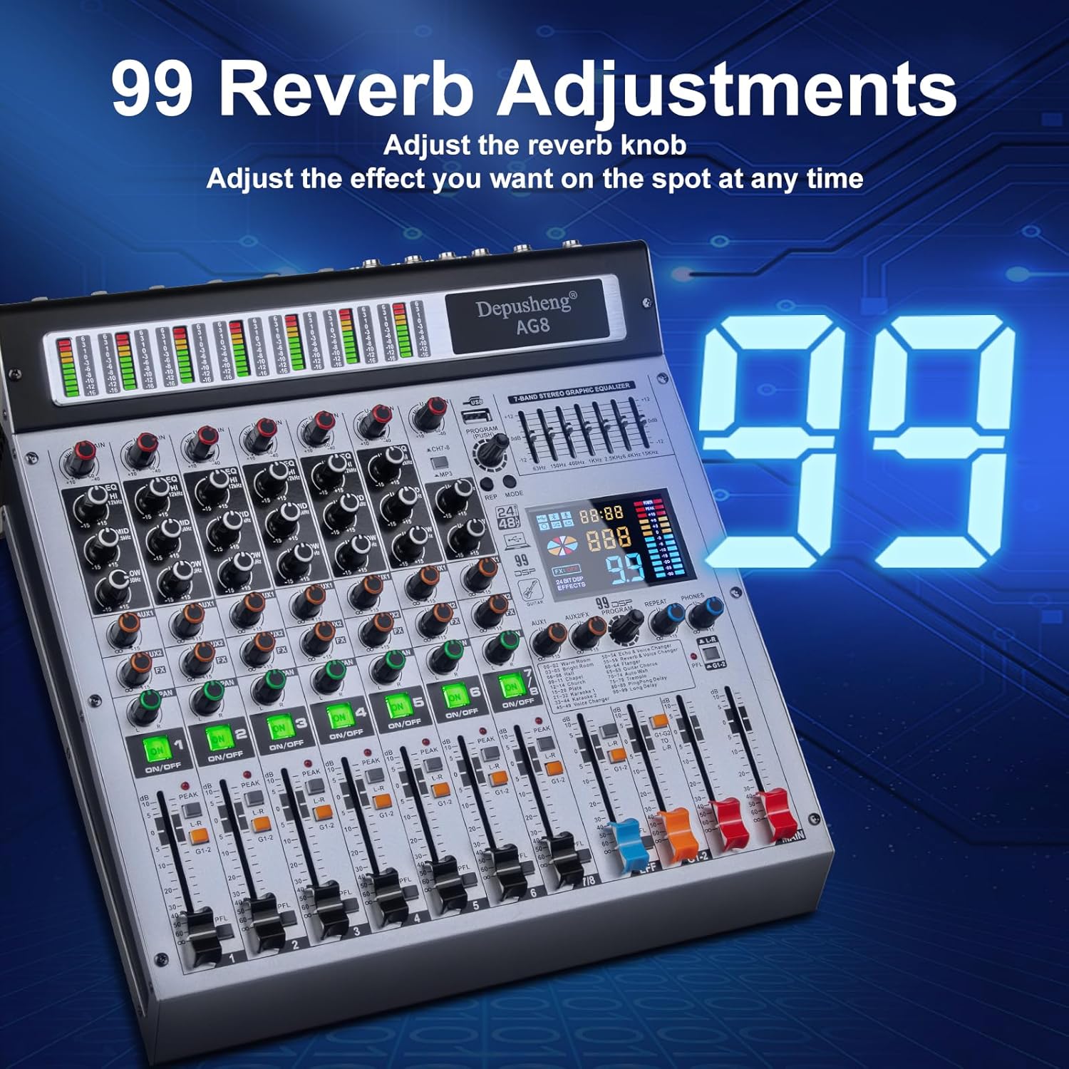 Depusheng AG8 Professional audio mixer 8 Channel with MP3 Player Source USB recording,With grouping and 2 AUX interfaces, 99DSP EFFECTfor Professional and Beginners