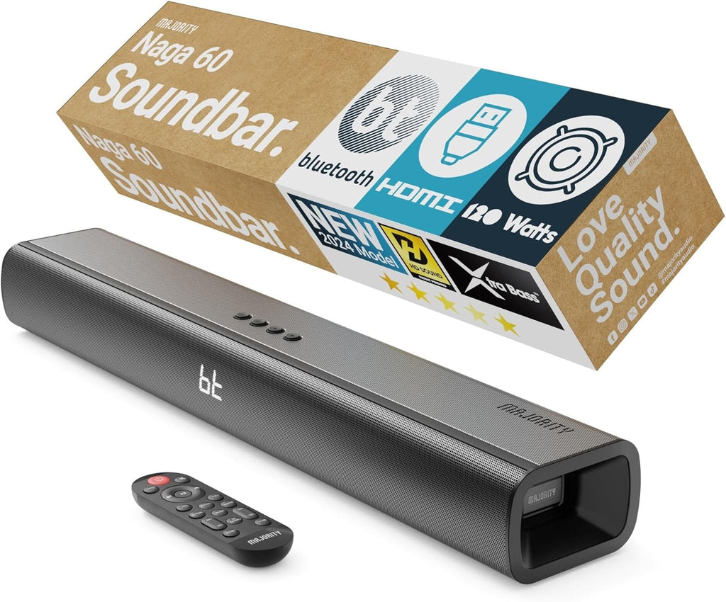 Majority Bluetooth 120W TV Sound Bar for Smart TV, 24 Inch, 2.1 Channel, 3D Sound with Built-in Subwoofer | EQ Control, HDMI Arc, Optical, AUX, Remote, and Wall Mountable Naga 60 Soundbar for TV