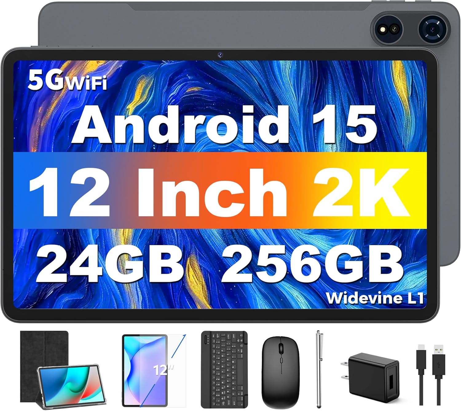 Tablet 12 inch Android 15 Tablets, 24GB（8+16）RAM+256 Storage(Expand to 1TB), Android Tablet with Keyboard, Octa-Core, 2K 2000x1200 Display, 16MP Dual Camera, 8000mAh, 5G WiFi,GPS,Bluetooth 5.0（Black）
