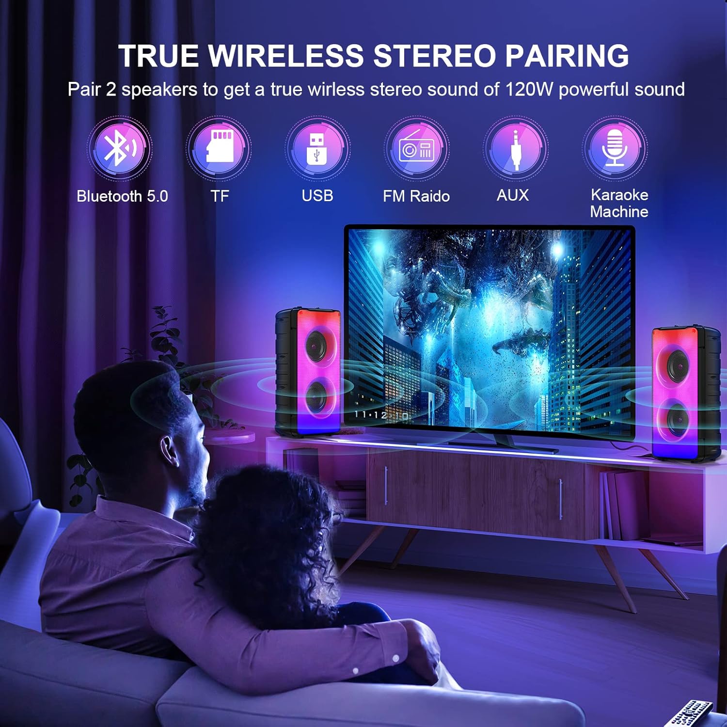 Bluetooth Speakers, 60W(80W Peak) Portable Loud Wireless Stereo Speaker with Rich Bass, Bluetooth 5.0, FM Radio, Colorful Light, TWS Pairing, EQ, 10000mAh Battery, Outdoor Speaker for Home Party Gift