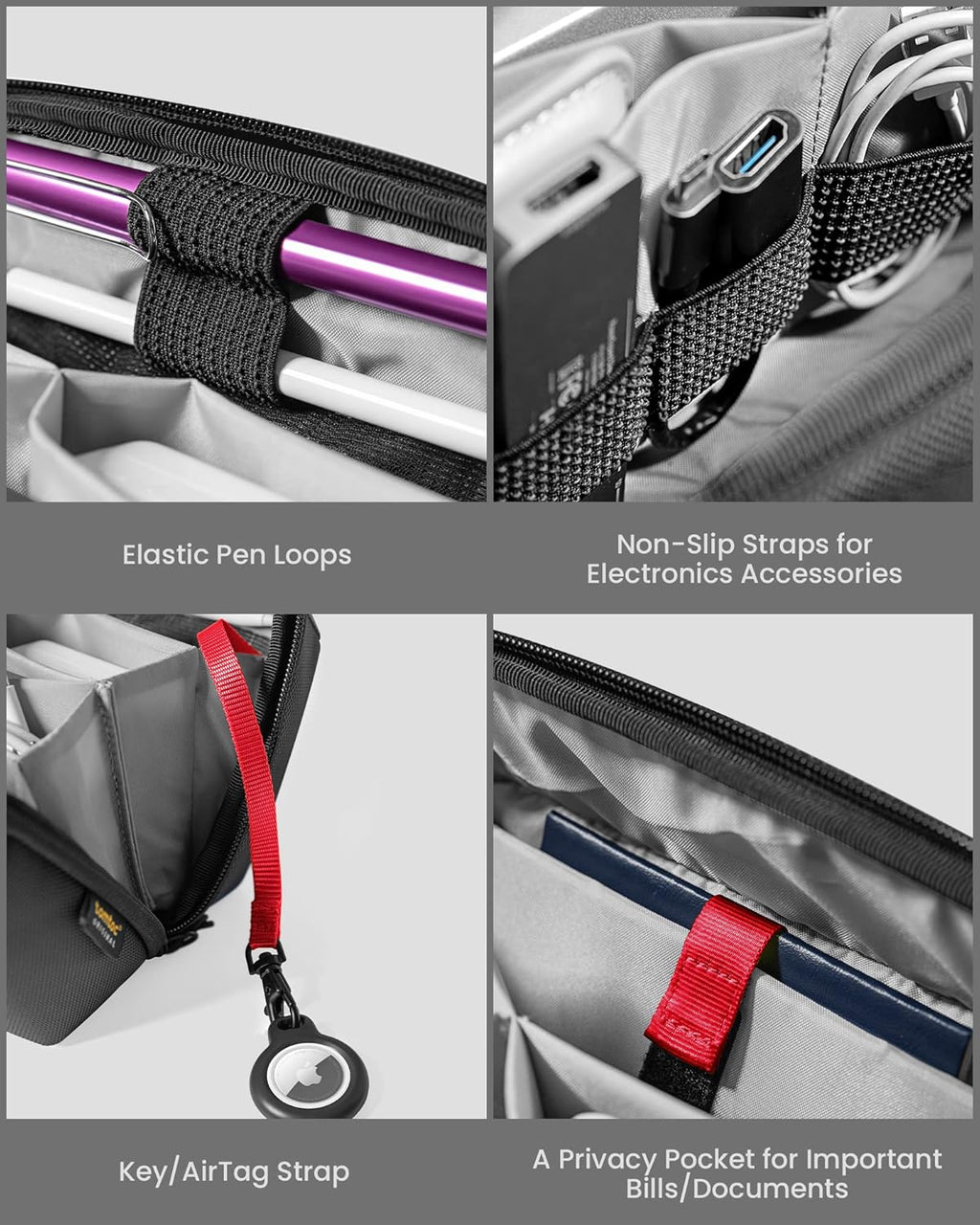 tomtoc Electronic Organizer Accessory Pouch for MacBook Charger, Cables, Power Bank, Hard Drive, Cords, Water-resistant Storage Bag with Removable Card Slots for USB Adapter, Memory Card, Black