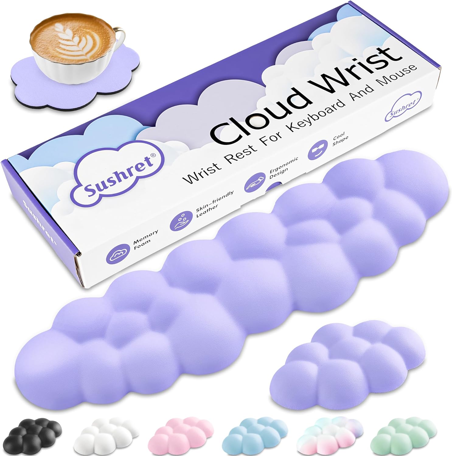 Cloud Wrist Rest Keyboard, Cloud Keyboard Wrist Pad Set with PU Leather Memory Foam, Cute Arm Rest for Palm Support, PC/Gaming Desk Accessories/Office Setup/Computer Hand Cushion - Purple