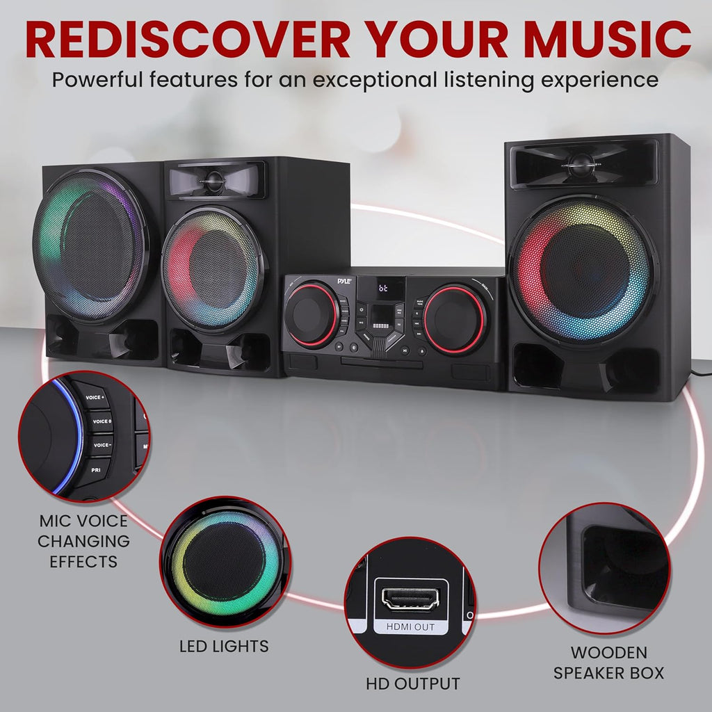 Pyle Mini Hi-Fi Bluetooth Stereo System – 4-Piece CD Player with Speakers, MP3, FM Radio, USB Recording, Subwoofer, DSP-Tech, Equalizer Settings, Compact Home Stereo System with Remote Control (Black)