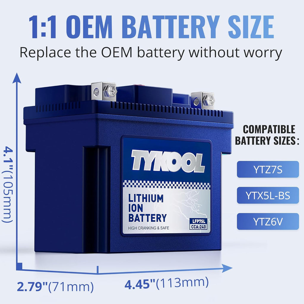 TYKOOL YTZ7S / YTX7L Lithium LiFePO4 Motorcycle Battery, 12 V 4 Ah,240 CCA,Built in BMS, Powersports Battery, for ATV,UTV,Jet Ski,Personal Watercraft,Snowmobile,Quad,Riding Lawn Mower, Tractors