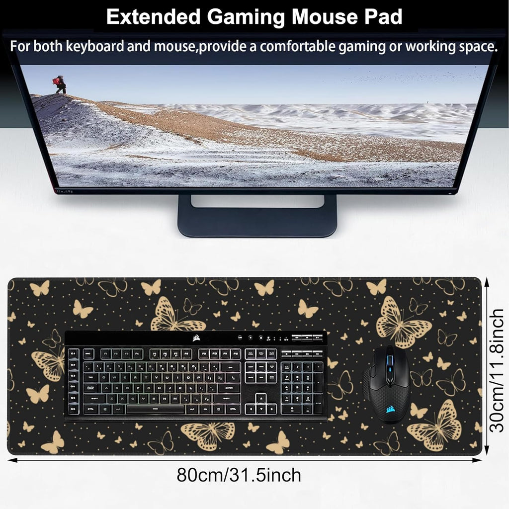 Golden Butterflies Desk Mat,Large Butterfly and Round Spots Gaming Keyboard Mouse Pad,Non-Slip Rubber Base Desk Pad Thick Stitched Edges Waterproof Mousepad Mouse Mat 31.5"x11.8"