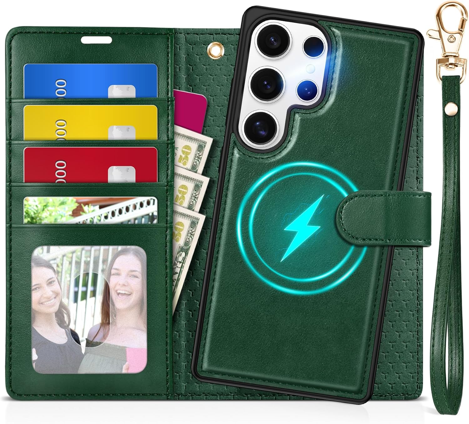 TUCCH Wallet Case for Galaxy S25 Ultra, [Removable] 2 in 1 [Wireless Charging] Wrist Strap RFID Blocking [4 Card Slot] PU Leather Stand Cover, Magnetic Detachable Folio for Galaxy S25 Ultra, Evergreen