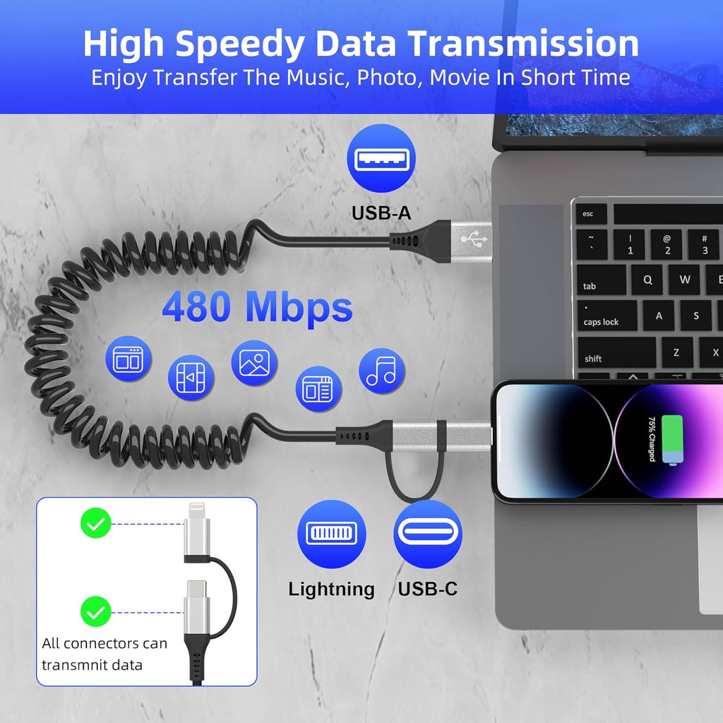 USB to USB-C and Lightning Cable 2 in 1 Coiled Cable Support Aple Carplay & Android Auto [MFi & 3A Fast Charge & Data Sync] Coiled Lightning and USB C Cable for iPhone 17/16/15/14/13/Android, Silver