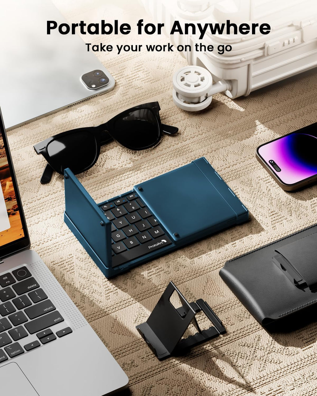 ProtoArc Foldable Keyboard with Touchpad, XK01 TP Folding Portable Keyboard, Full Size Keys, Large Trackpad Bluetooth Travel Keyboards for Laptop PC Tablet - Blue