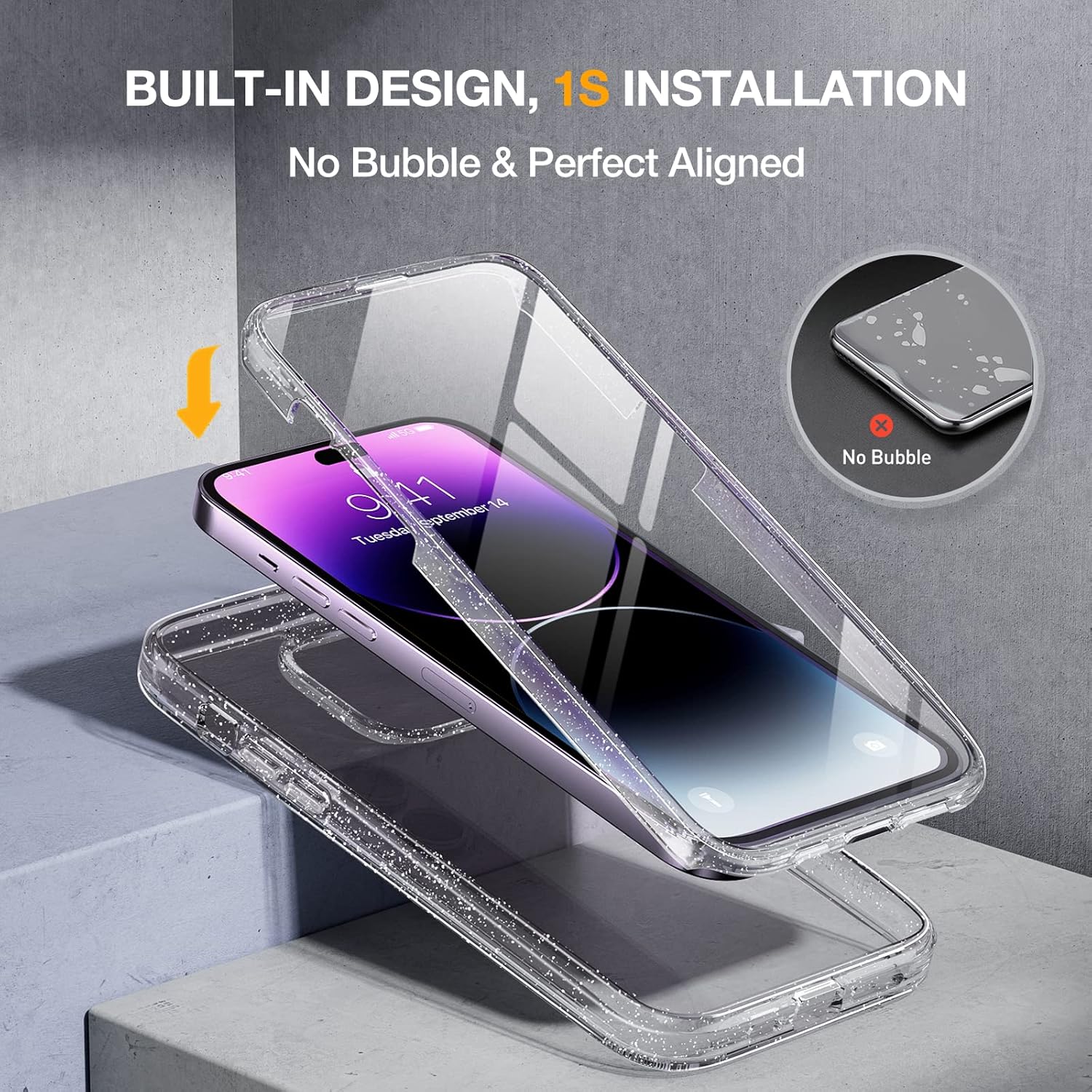 Miracase Glass Series Designed for iPhone 14 Pro Case 6.1 Inch, Upgrade Full-Body Bumper Case with Built-in 9H Tempered Glass Screen Protector, with Camera Lens Protector, Glitter Clear