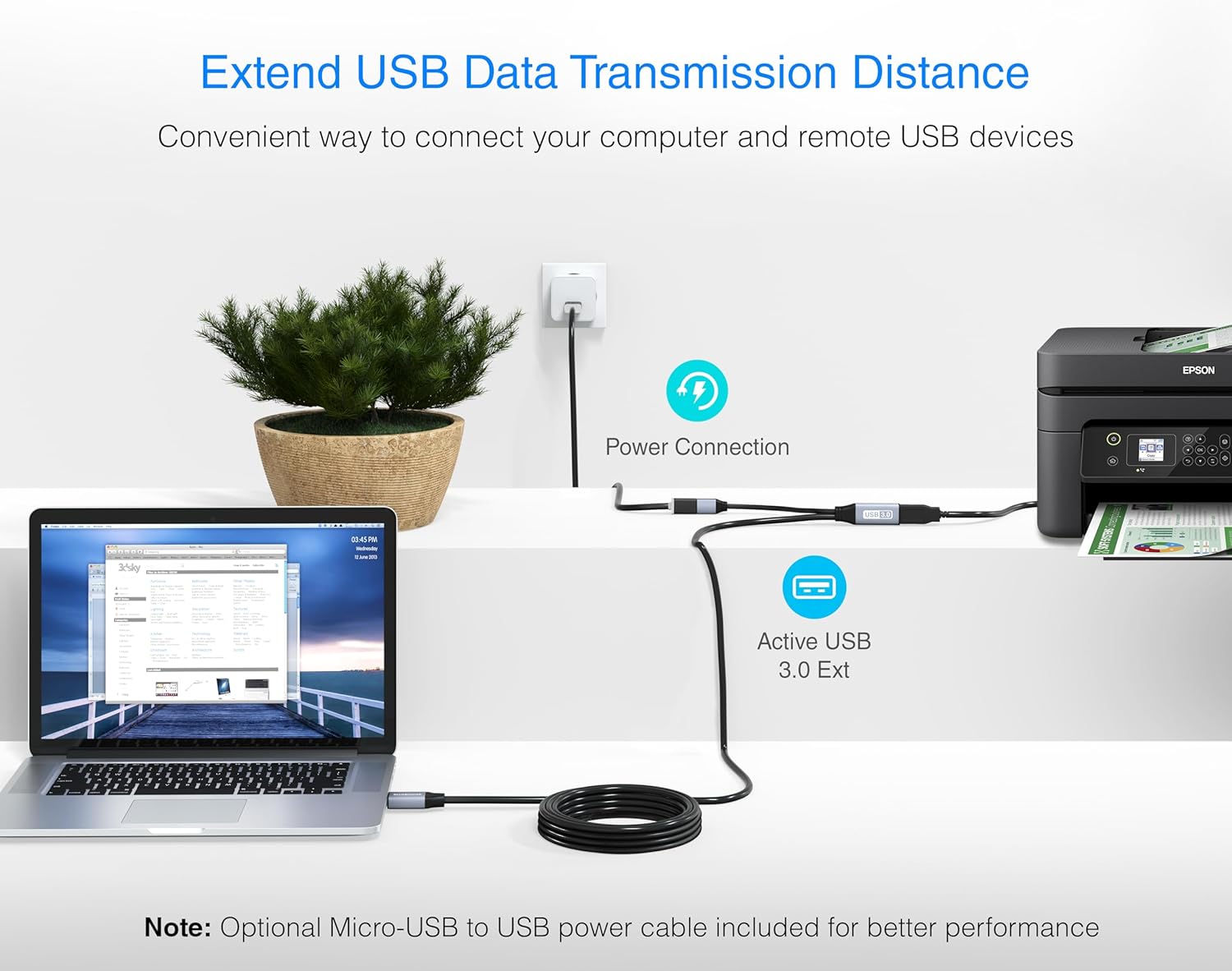 BlueRigger USB 3.0 Extension Cable (15FT, Active, 5 Gbps, Type A Male to Female Adapter Cord) - Long USB Repeater Extender for VR Headset, Printer, Hard Drive, Flash Drive, Keyboard, Mouse, Xbox