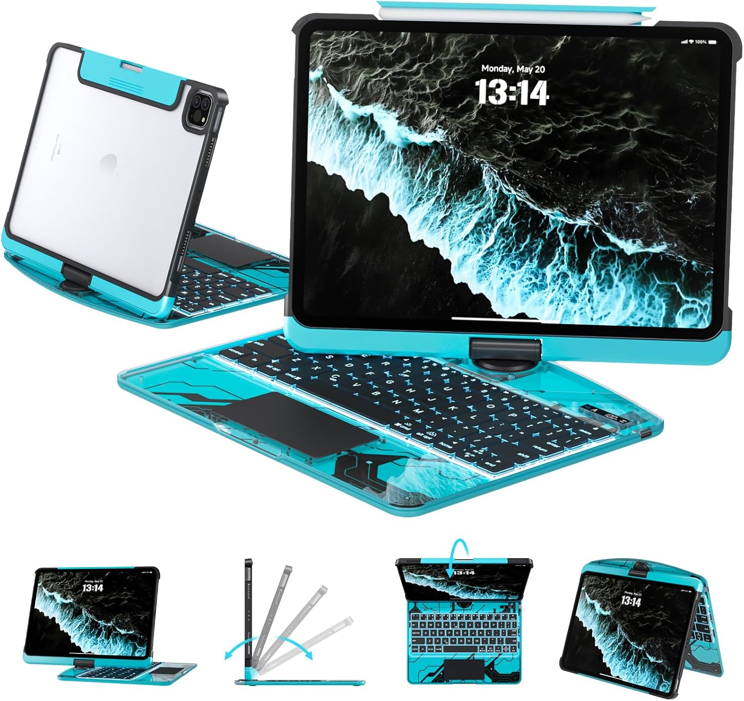 Transparent Case with Keyboard for iPad Air 13 Inch (M3/M2, 2025/2024), iPad Pro 12.9 Inch (6/5/4/3 Gen),7-Color Backlit,Magic Wireless Keyboard, 360°Rotating,with trackpad,Pencil Holder,Blue
