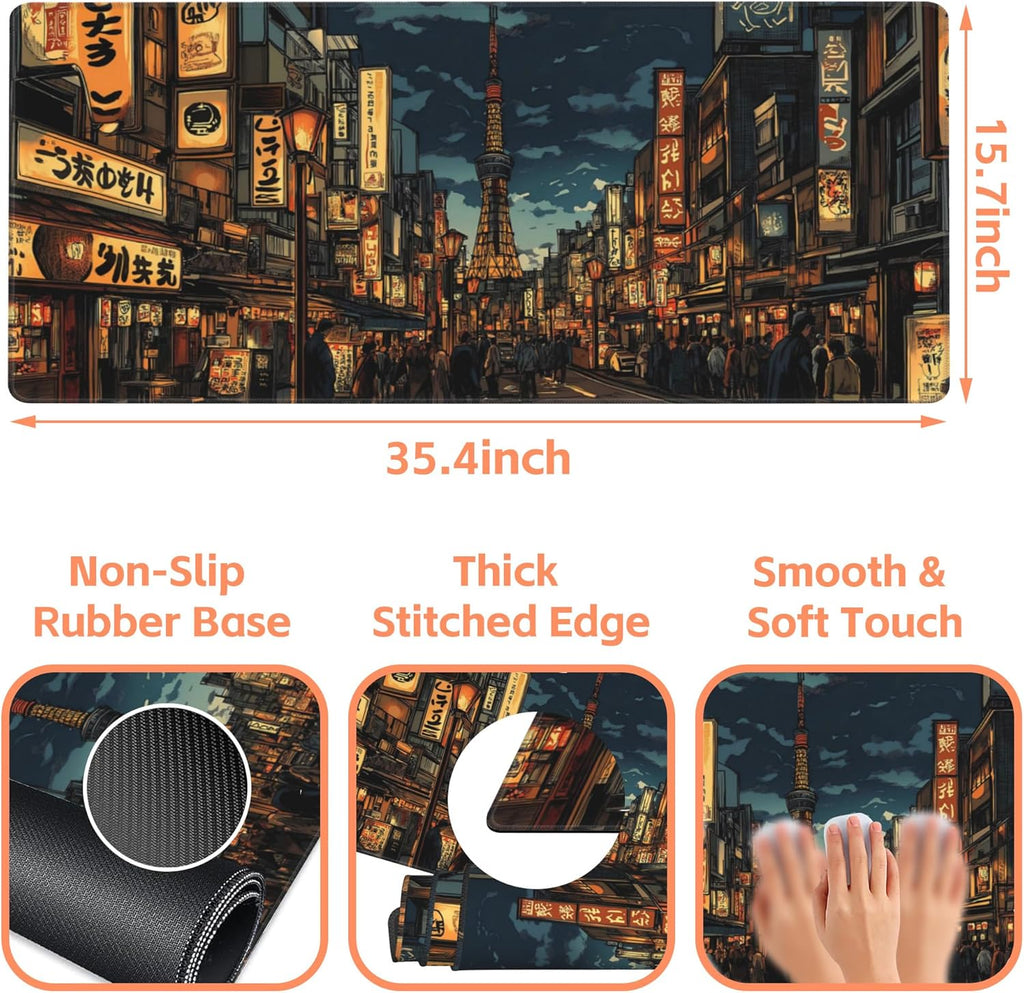 Mouse Pad Large Bustling Street Non-Slip Game Desk Mat with Stitched Edge Laptop Keyboard Desk Pad for Work Home Gaming (35.4 x 15.7 Inches)