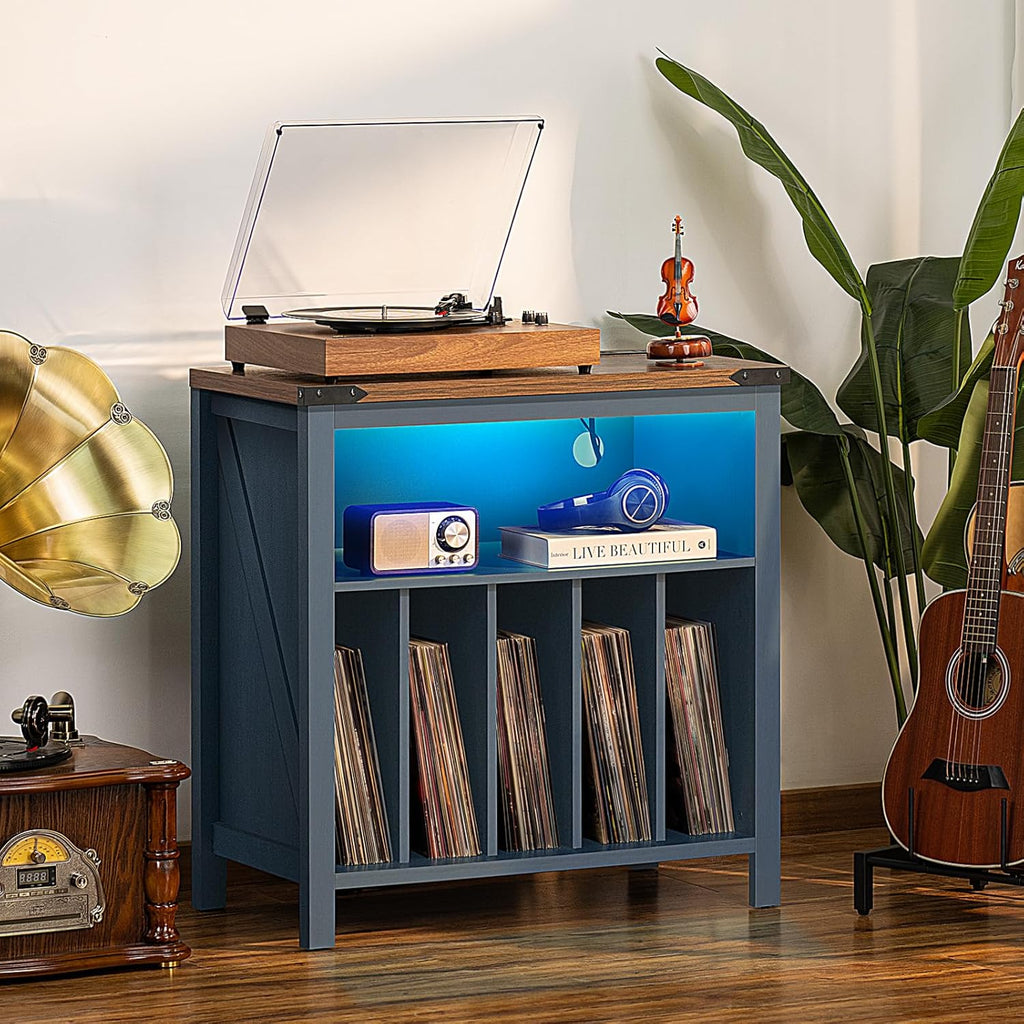 Large Record Player Stand with Charging Station & LED Lights, Vinyl Records Storage Holder Cabinet Holds up to 230 Albums, Turntable Stand for Music Room, Bedroom, Living Room, Office (Blue)