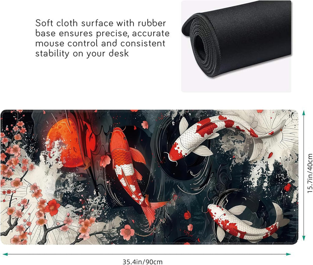 Koi Fish Large Mouse Pad,Gaming Keyboard Desk Pad,Extended Mouse Mat Non-Slip Rubber Base with Stitched Edges for Office Game Home XXL 35.4"x15.7"