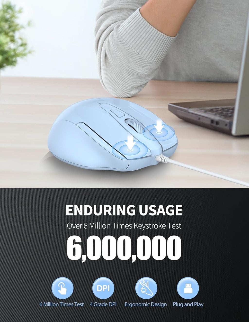 TECKNET Wired Mouse, 6-Button Corded with 4 Adjustable DPI, Optical Mouse with Ergonomic Design and 5FT Cord for Laptop, Chromebook, PC, Desktop, Mac, Notebook - LT.Blue