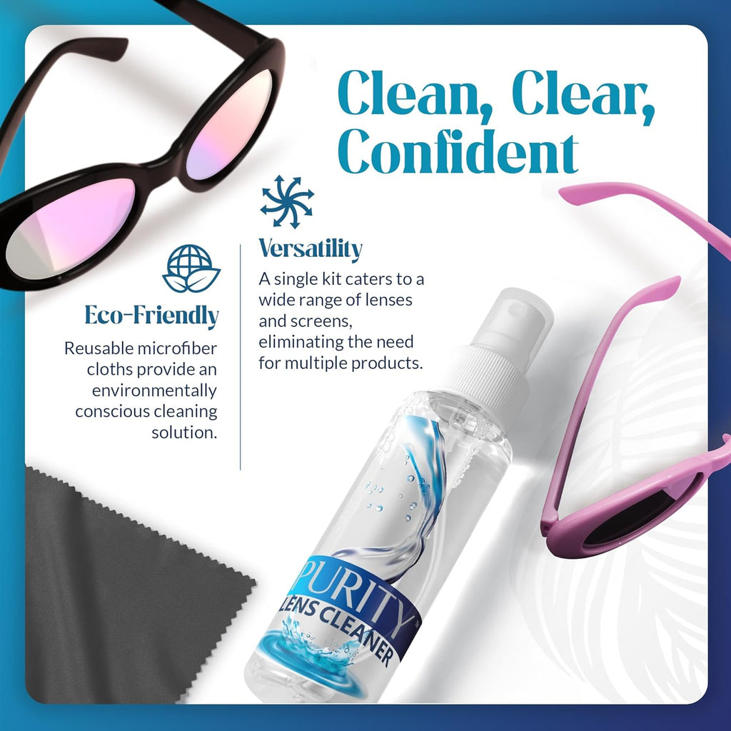 Purity Eyeglass Lens Cleaner Kit - 3 x 1oz Travel Size Lens Cleaner Spray Bottle + 2 Microfiber Cleaning Cloths - Safe for All Lenses (AR Coated Included), Eyeglasses and Screens - Clear
