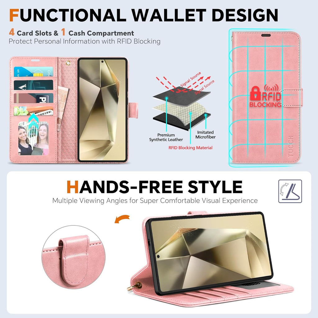 TUCCH Case for Galaxy S25 Ultra, [Detachable] Wrist Strap Magnetic PU Leather Wallet Case with RFID Blocking [Wireless Charging] 4 Card Slot Stand Removable Cover for Galaxy S25 Ultra 6.9", Rose Gold