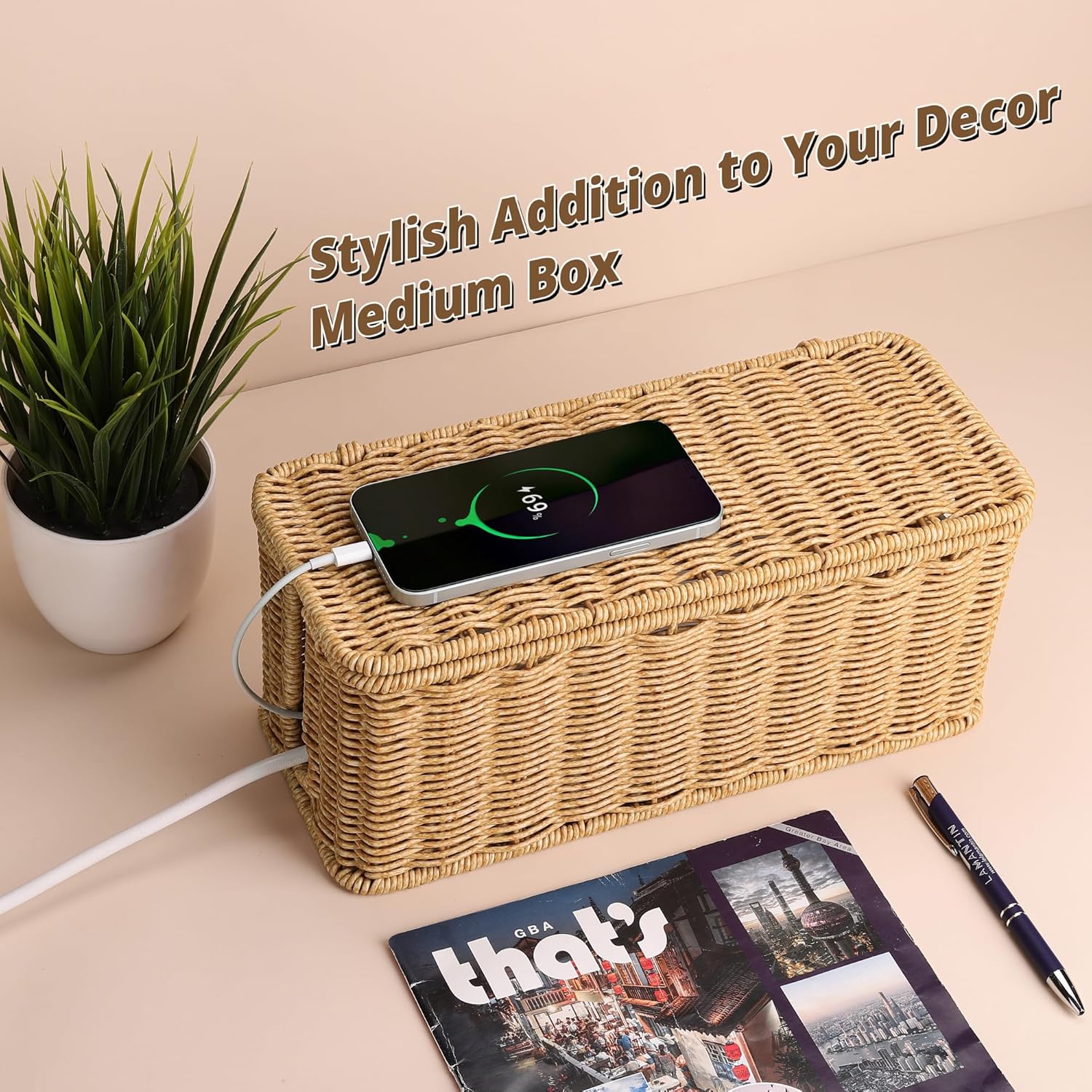 Handmade Cable Management Box Brown, Imitation Rattan Cord Organizer Cord Hider Box, Cable Organizer Box for Desk, Cord Management Box to Hide Cords and Power Strip L12.5'' W5'' H5.2''