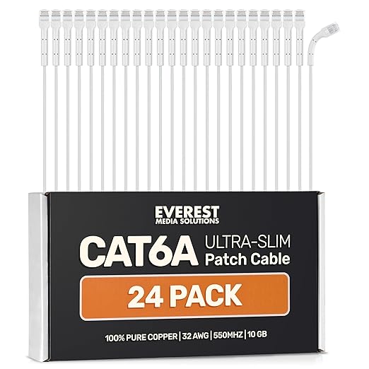 Everest Ultra Slim Cat6a Ethernet Patch Cables 1ft White by EverestMediaSolutions