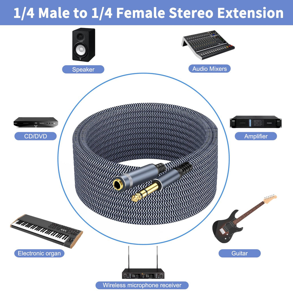 1/4" Male to Female Stereo Headphone Guitar Cable - 25ft Quarter Inch Extension