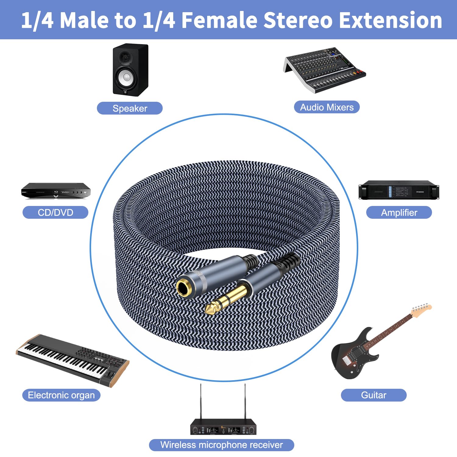 1/4" Male to Female Stereo Headphone Guitar Cable - 25ft Quarter Inch Extension