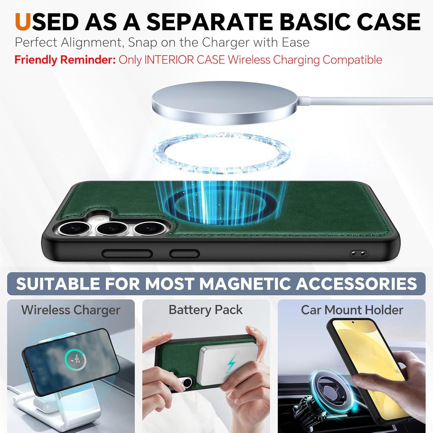 TUCCH Wallet Case for Galaxy S25, [Removable] 2 in 1 [Wireless Charging] Wrist Strap RFID Blocking [4 Card Holders] PU Leather Cover, Magnetic Detachable Stand Folio Case for Galaxy S25, Evergreen