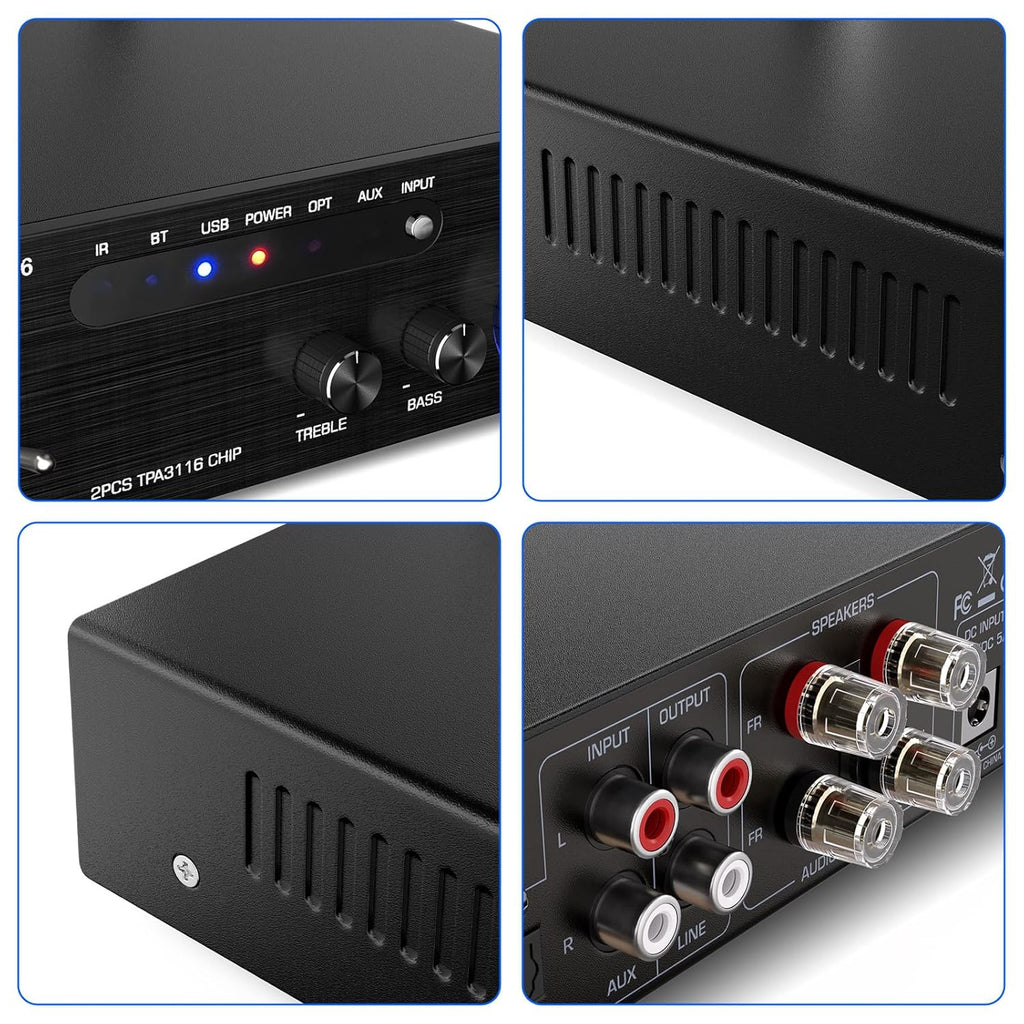 Facmogu AK-3116 HiFi Digital Amplifier, Bluetooth 5.3 200W Dual TPA3116 2 Channel 2x100W Class D Stereo Receiver w/RCA, USB, Optical, FM, Mini Amp Audio System for Home, Outdoor, w/ 24V Power Supply
