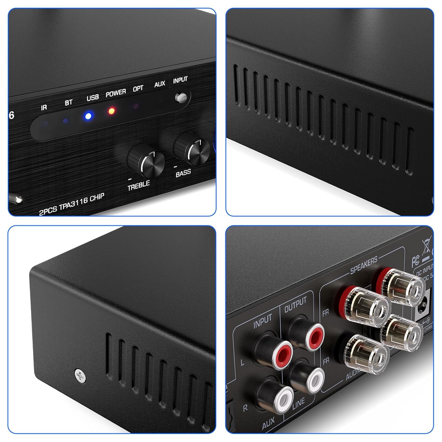 Facmogu AK-3116 HiFi Digital Amplifier, Bluetooth 5.3 200W Dual TPA3116 2 Channel 2x100W Class D Stereo Receiver w/RCA, USB, Optical, FM, Mini Amp Audio System for Home, Outdoor, w/ 24V Power Supply