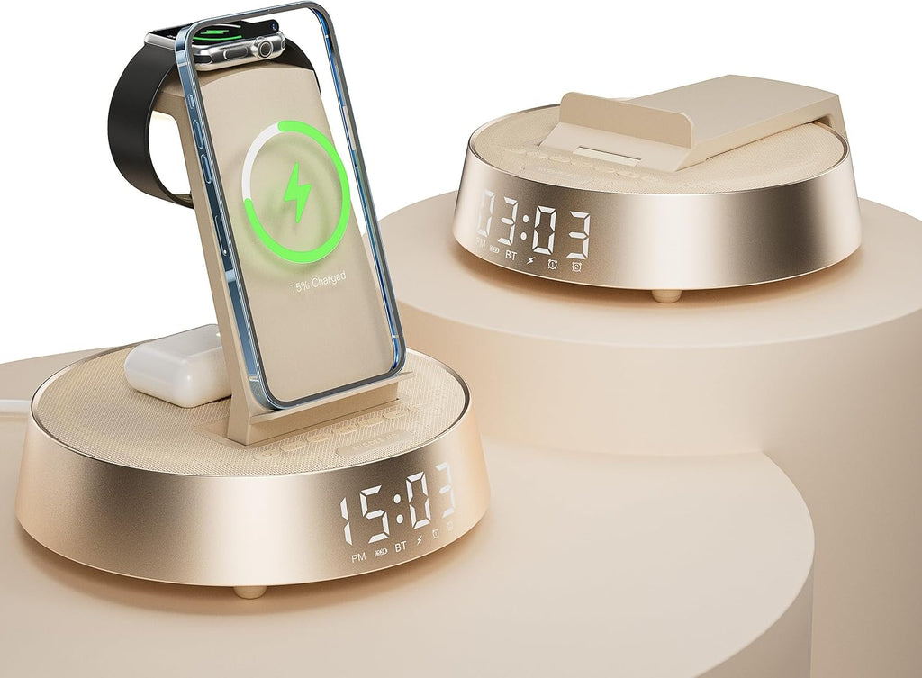 Alarm Clock with Wireless Charging Station, Clock for Bedroom with Dimmable Night Light Bluetooth Speaker, Wireless Charger Dock Station for iPhone 17 16 15 14 13 12 Pro Max, Apple Watch