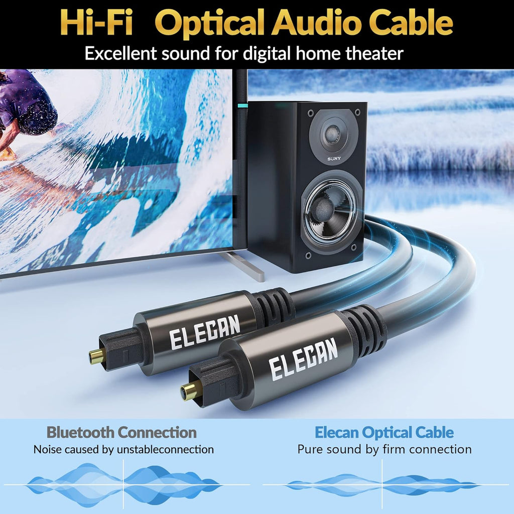 Elecan Optical Audio Cable 25 Ft Digital Audio Toslink Cable Cord-Fiber Optic-Gold Plated-Flexiable&Durable-for Home Theater,Sound Bar,PS4&Xbox-with 4 Right Angled and Mini Toslink Adapters+Ties