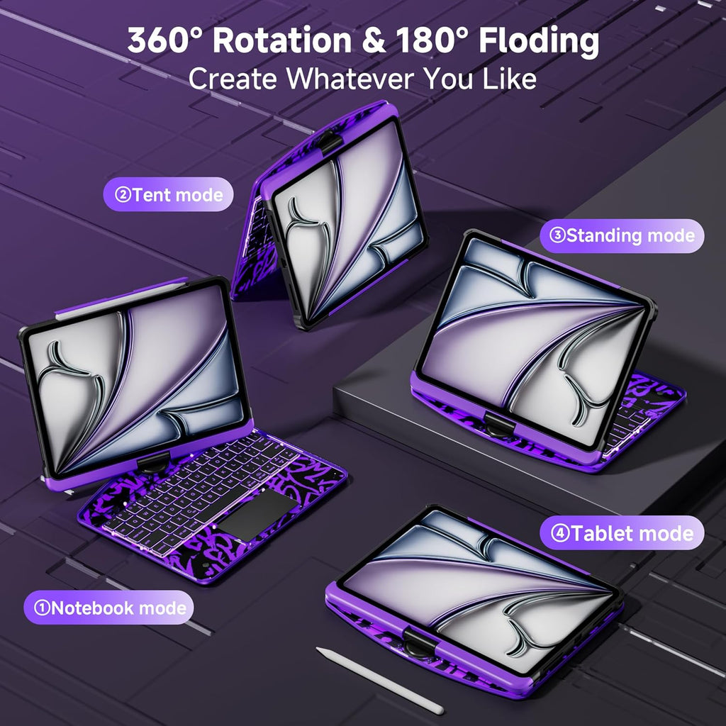 iPad Keyboard Case for iPad 10th Gen (2022) & 11th (A16, 2025), Magic Wireless Keyboard with Trackpad 7 Color Backlit 360° Rotating Stand Transparent Protective Cover with Pencil Holder (Purple)