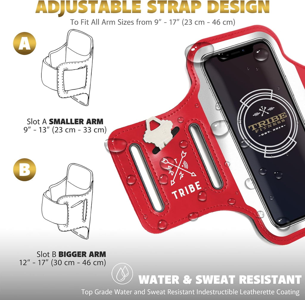 TRIBE Running Phone Holder Armband. iPhone & Galaxy Cell Phone Sports Arm Bands for Women, Men, Runners, Jogging, Walking, Exercise & Gym Workout. Fits All Smartphones. Adjustable Strap, CC/Key Pocket