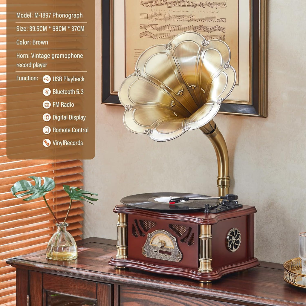 Vintage Gramophone with Bluetooth Output Vintage Record Players Retro Gramophone Turntables for 7" 9" 12" Vinyl Records 3 Speed, Hi-Fi, Handcrafted by Pure Oak (Walnut)