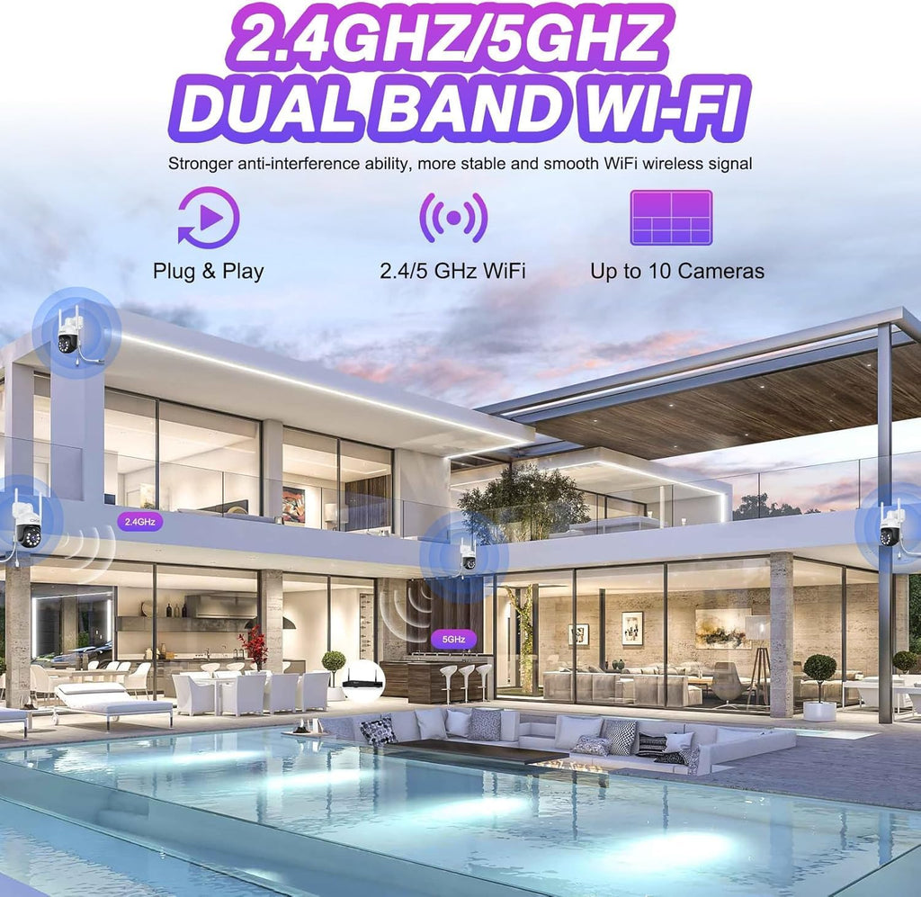 5MP PTZ Security System:CKK 4 PCS Wireless Cameras with 1TB HDD,10-Channel NVR,5G/2.4G WiFi, 2-Way Audio,4K Color Night Vision, Floodlights, Siren, AI Human Detection, Auto Tracking, 24/7 Surveillance