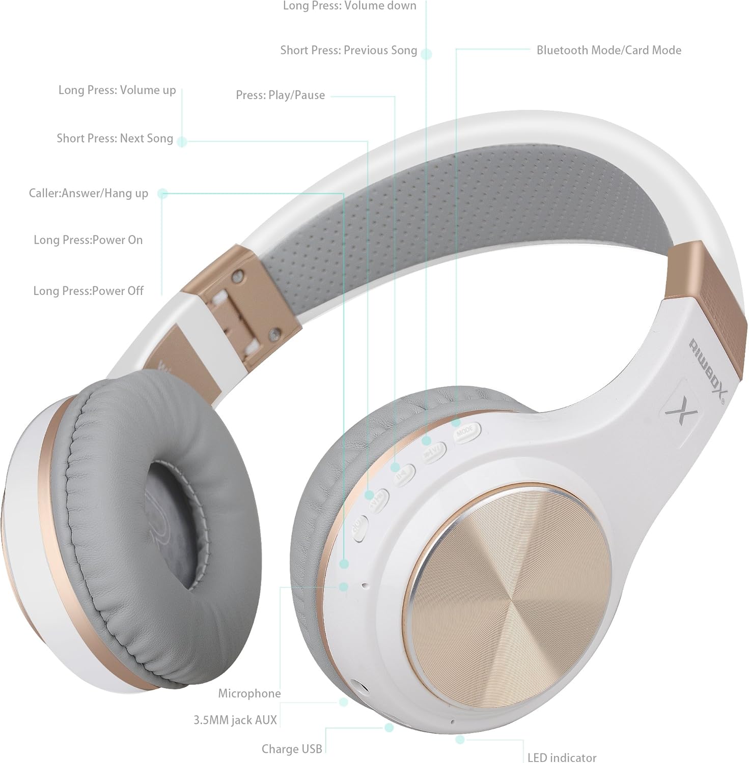 Riwbox Bluetooth Headphones, XBT-80 Folding Stereo Wireless Bluetooth Headphones Over Ear with Microphone and Volume Control, Wireless and Wired Headset for PC/Cell Phones/TV/Gym (White Gold)