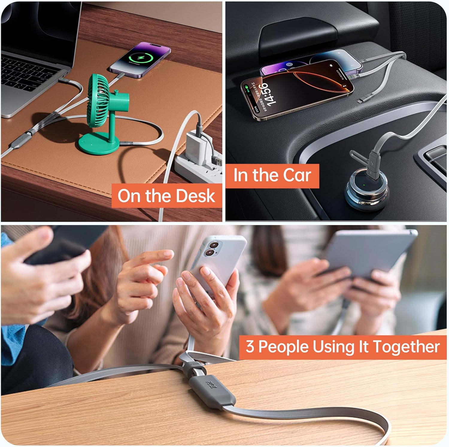 PZOZ 100W USB C & USB A Charging Cable, 3 in 1 Multi Fast Charging at The Same Time, Multiple Charger Cord with Type C[100W]/Lightning[27W]/Micro[10W] for iPhone 16 15 14 iPad Pro MacBook Samsung