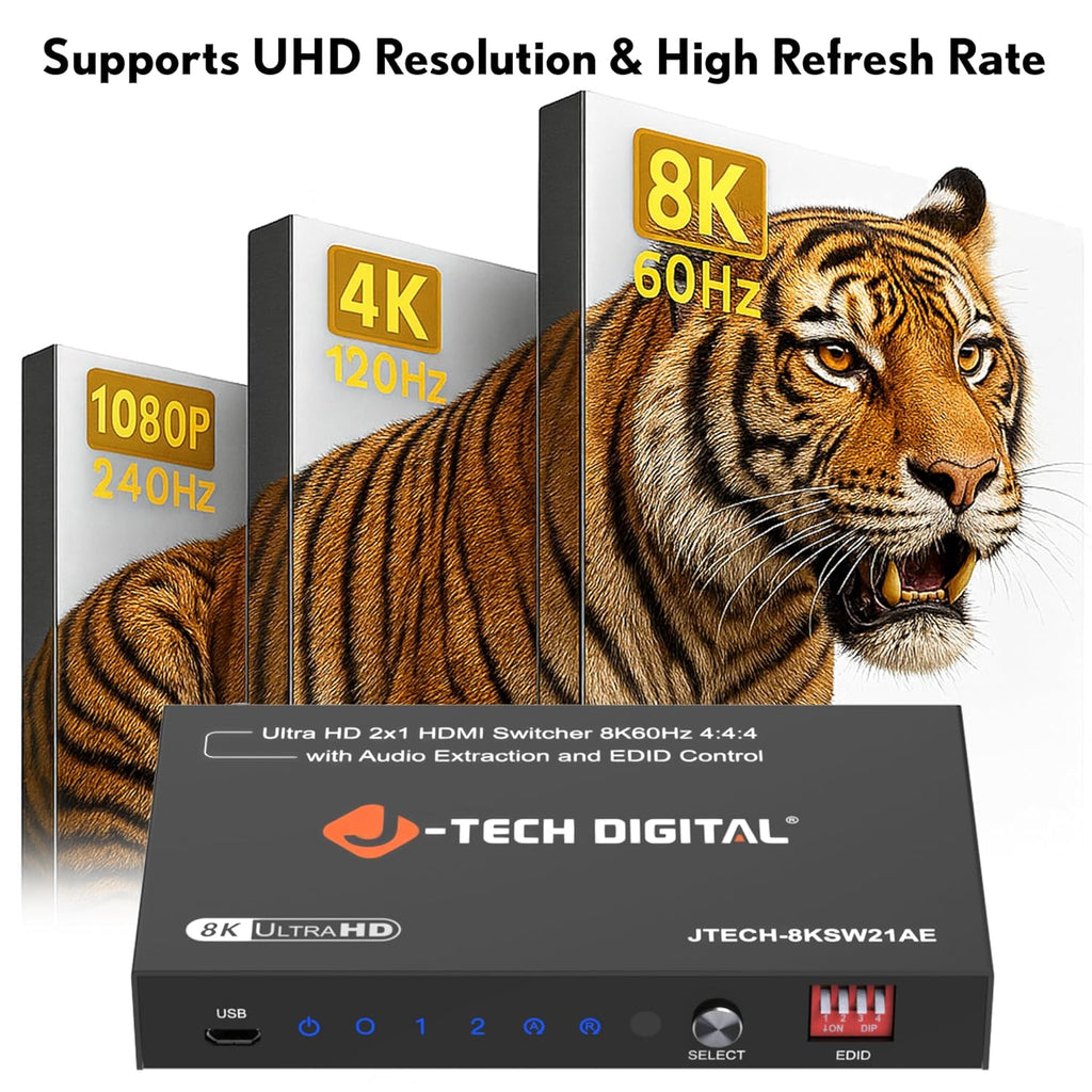 8K HDMI Switch 2 in 1 Out, 8K@60Hz 4K@120Hz 1080P@240Hz with Audio Extraction, HDMI to Optical & Analog 3.5mm, HDR HDCP2.3 EDID Control (JTECH-8KSW21AE)