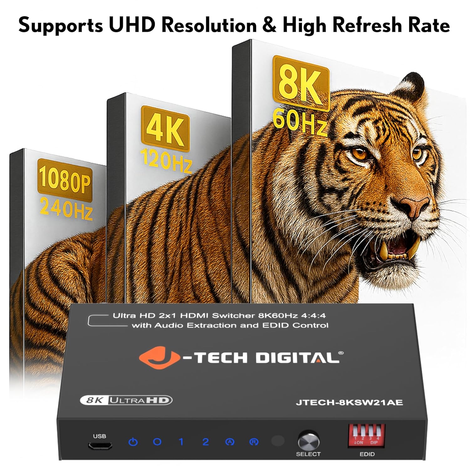8K HDMI Switch 2 in 1 Out, 8K@60Hz 4K@120Hz 1080P@240Hz with Audio Extraction, HDMI to Optical & Analog 3.5mm, HDR HDCP2.3 EDID Control (JTECH-8KSW21AE)