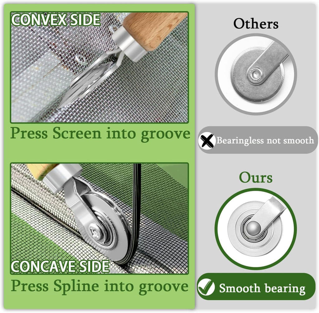 Screen Repair Kit/Tool, King&Charles Screen Roller Tool, Steel Roller with Bear, 32 ft Spline, Removal Hook, 3 in 1 Window Repair Kit, for Installing Door Window Mesh.
