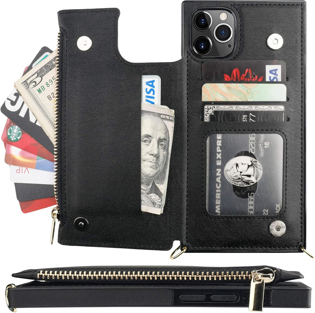 Bocasal Crossbody Wallet Case for iPhone 11 Pro Max with Card Holder,Zipper Card Slot Protector Shockproof Purse Cover with Removable Cross Body Strap 6.5 Inch(Black)